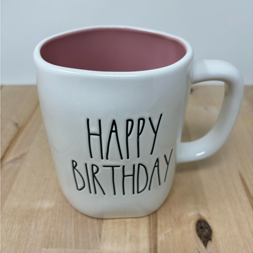 Rae Dunn HAPPY BIRTHDAY Mug White with Pink Interior Black Lettering New
